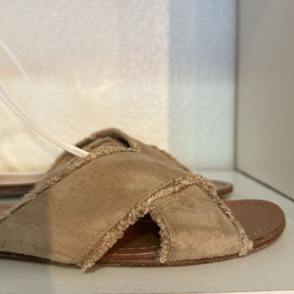 Stuart Weitzman Suede Crossover Slide Sandals Taupe Fringe Trim Minimalist - Picture 10 of 15